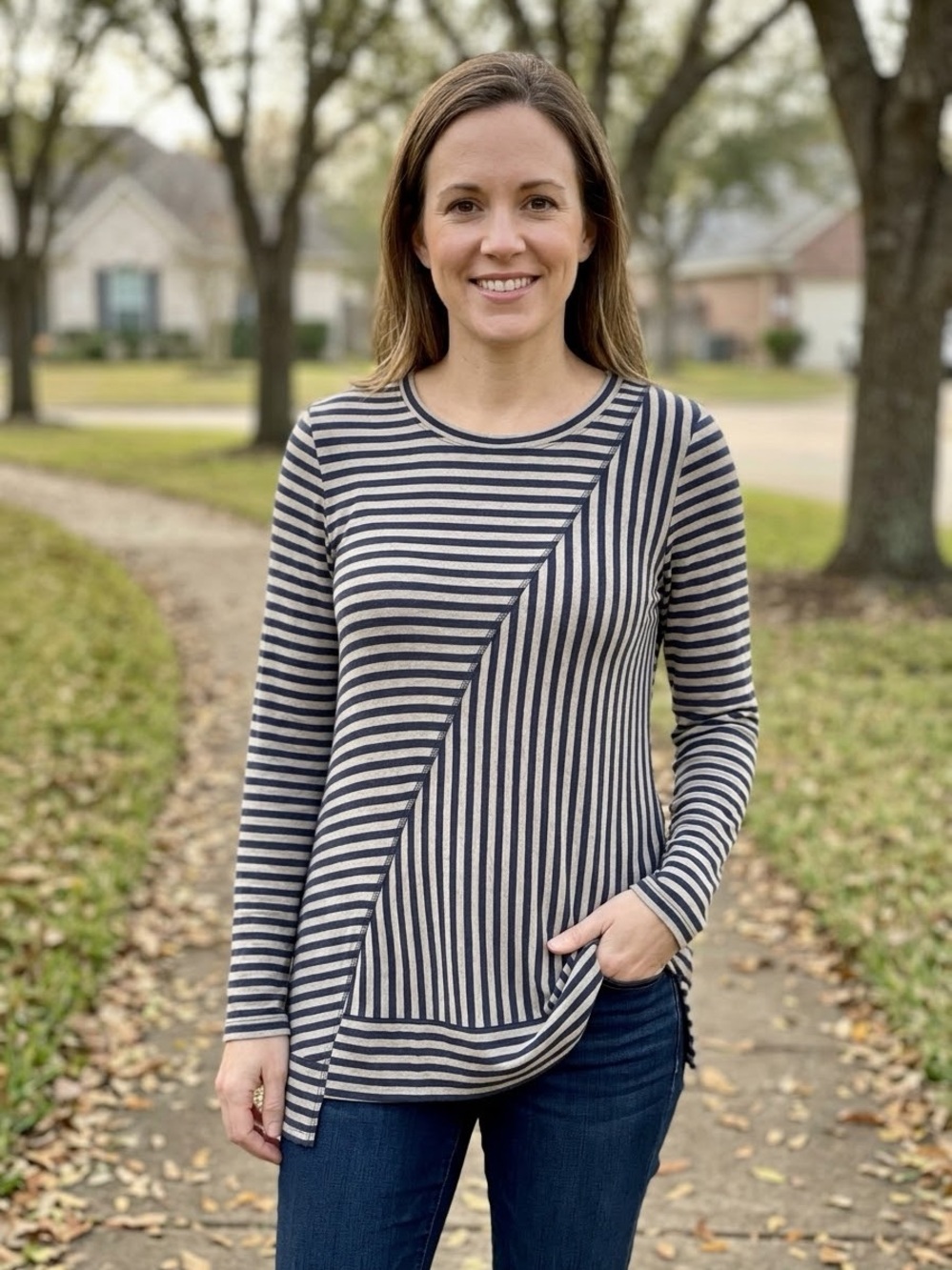 CAbi Ernest Knit Tee Style 3228 Navy Blue Oatmeal Striped Asymmetrical Top